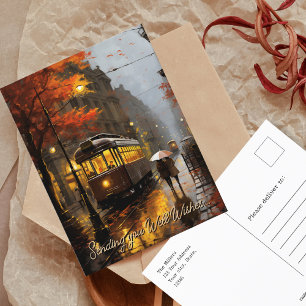  Well Wishes rainy Fall Tram in Lisbon, Portugal Postcard