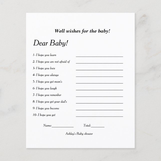 Well wishesfor the baby Baby shower game (Front)