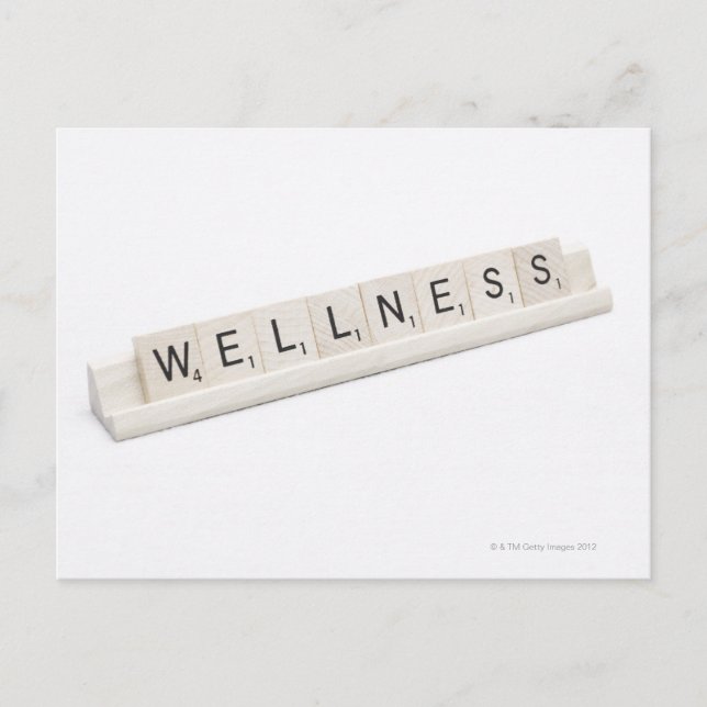 Wellness Spelled On A Word Board Game. Postcard (Front)