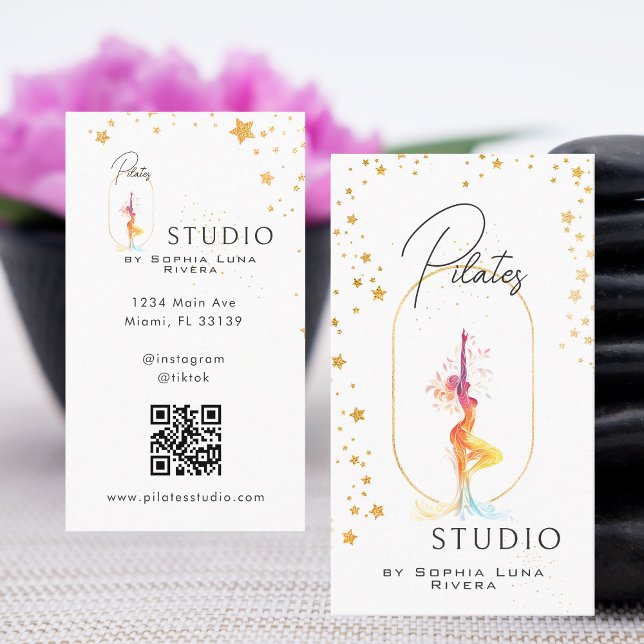 Wellness Yoga Beauty Studio Gold Stars QR Code Business Card (Wellness Yoga Beauty Studio Gold Stars QR Code Business Card)
