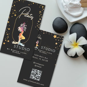 Wellness Yoga Studio Gold Stars Black QR Code Business Card