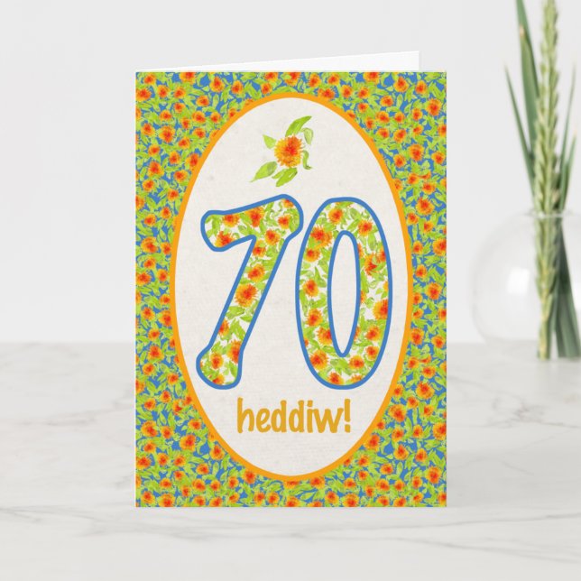 Welsh 70th Birthday Card, Orange Pot Marigolds Card (Front)