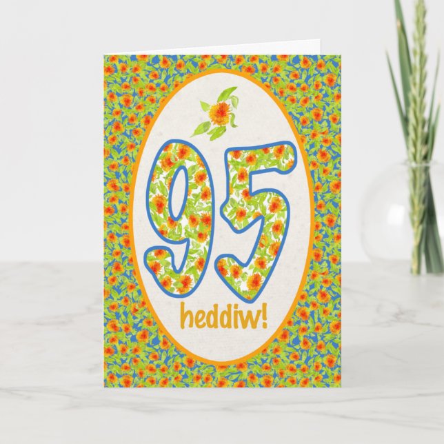 Welsh 95th Birthday Card, Orange Pot Marigolds Card (Front)