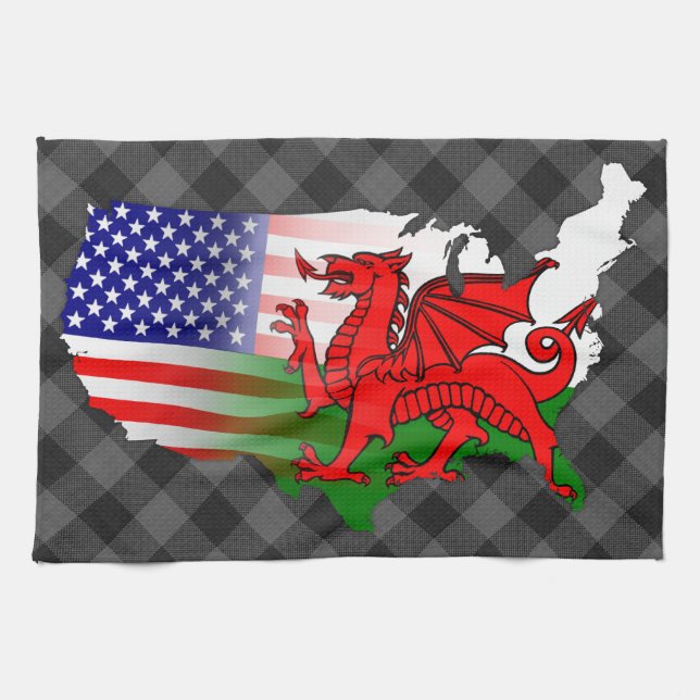 Welsh American Flags Map Tea Towel (Horizontal)