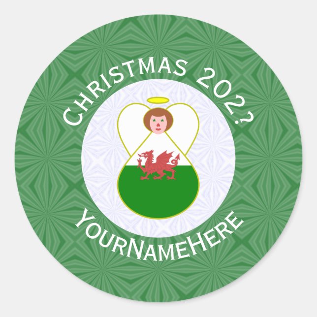 Welsh Angel Christmas Flag Personalised  Classic Round Sticker (Front)
