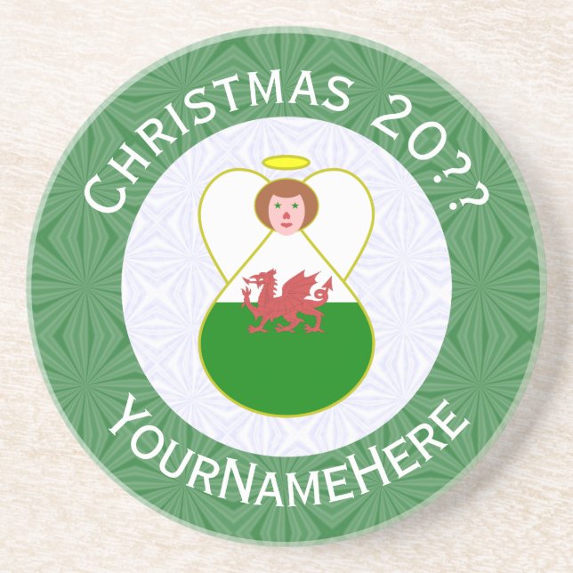 Welsh Angel Christmas Flag Personalised  Coaster (Front)