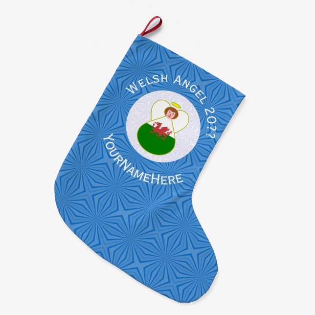 Welsh Angel Hanukkah Flag Personalised  Large Christmas Stocking (Front (Hanging))