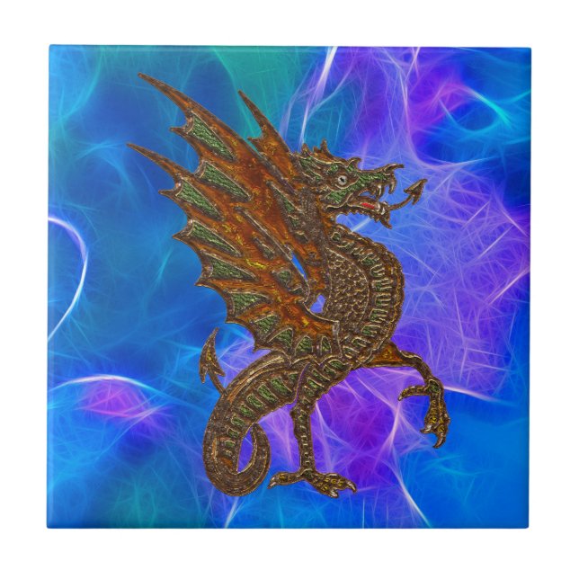 Welsh Celtic Dragon in Gold on Blues II Tile (Front)