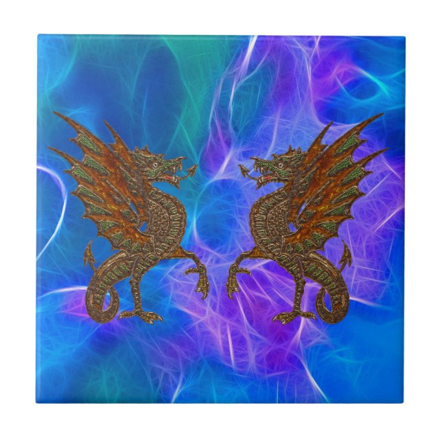 Welsh Celtic Dragons in Gold on Blues III Ceramic Tile (Front)