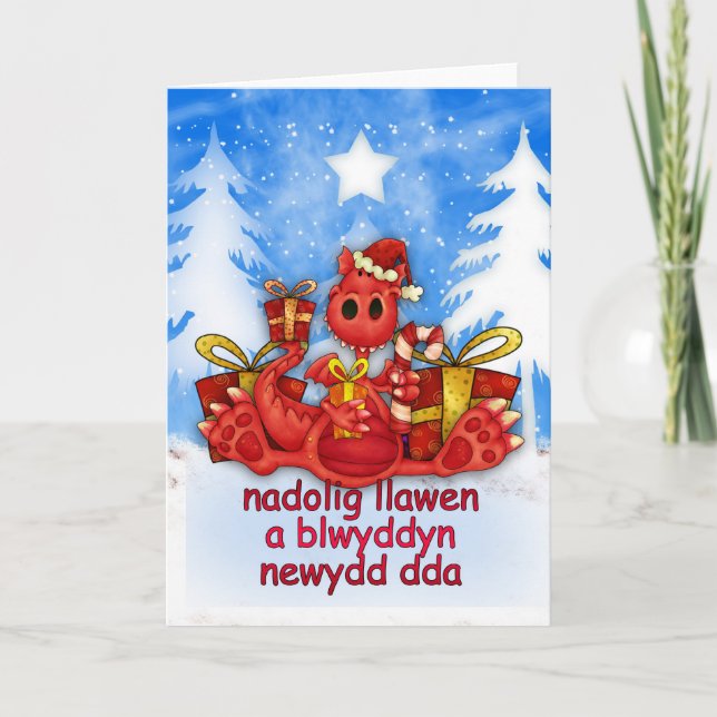 Welsh Christmas Card - Red Dragon - Nadolig Llawen (Front)