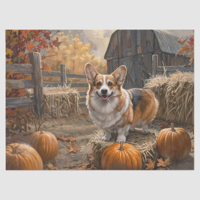 Welsh Corgi Autumn Pumpkin Farm Decoupage Tissue Paper (Front)
