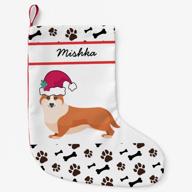 Welsh Corgi Dog Christmas With Custom Dog Name Small Christmas Stocking (Front)