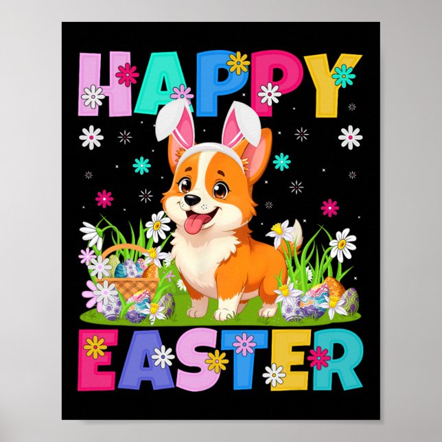 Welsh Corgi Dog Happy Easter Egg Hunt Bunny Ear Ea Poster (Front)