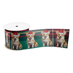Welsh Corgi Dog Holiday Plaid Funny Christmas Satin Ribbon