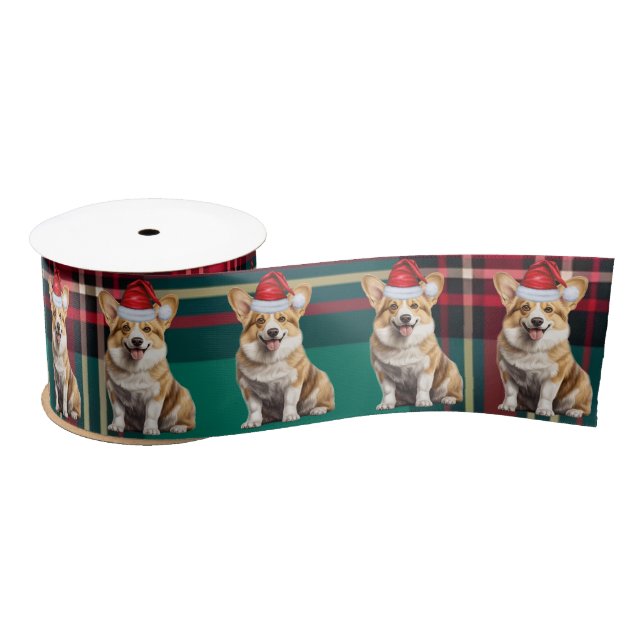 Welsh Corgi Dog Holiday Plaid Funny Christmas Satin Ribbon (Spool)