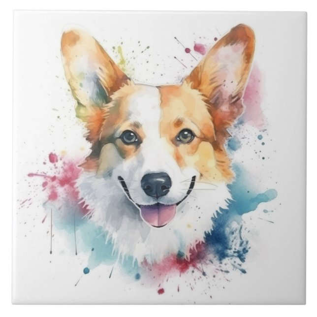 Welsh Corgi Dog, Watercolor Pet Ceramic Tile (Front)