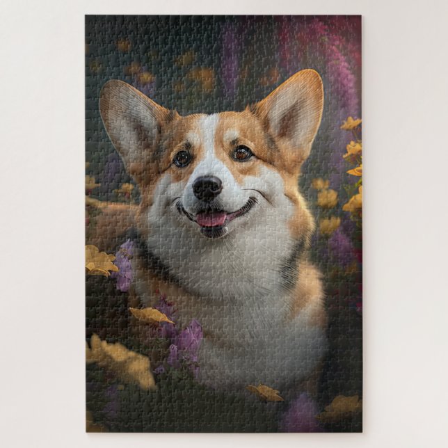 Welsh Corgi in a Colourful Garden Jigsaw Puzzle (Vertical)