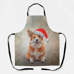 Welsh Corgi in red hat of Santa Claus Apron