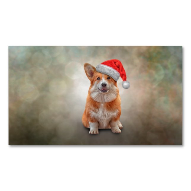 Welsh Corgi in red hat of Santa Claus Magnetic Business Card (Front)