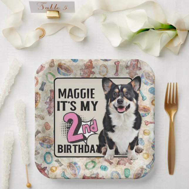 Welsh Corgi Personalised 2nd birthday party  Paper Plate (Wedding)