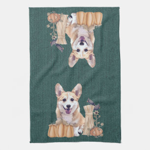 Welsh Corgi Puppy in Autumn Tea Towel