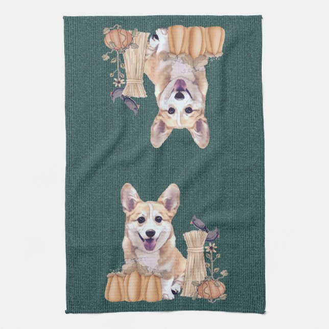 Welsh Corgi Puppy in Autumn Tea Towel (Vertical)