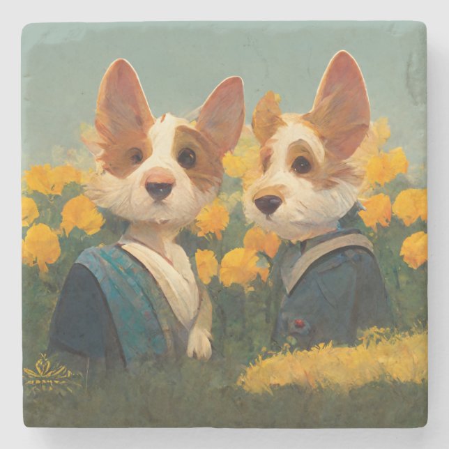 Welsh Corgi's in the Flower Garden Stone Coaster (Front)