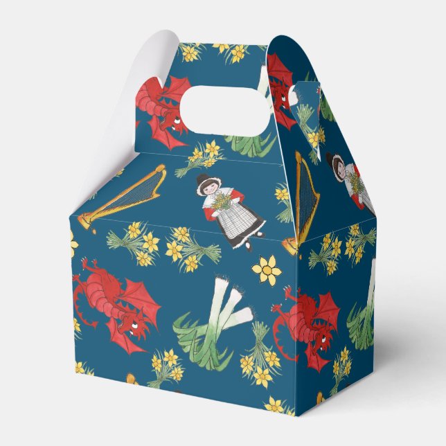 Welsh Costume and Emblems on Blue Gable Favour Box (Front Side)