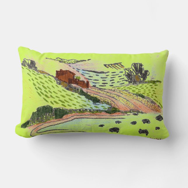 Welsh Countryside in lime green doodle sketch art Lumbar Cushion (Front)