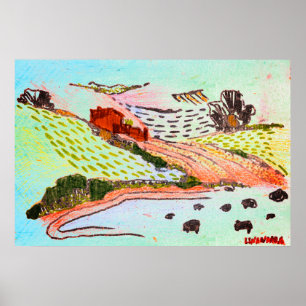 Welsh Countryside pen & pencil sketch with sheep Poster