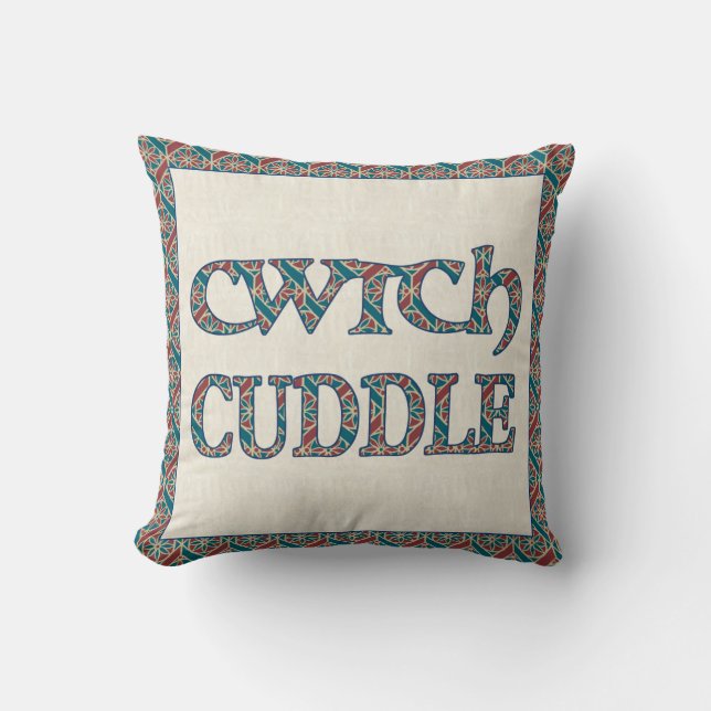 Welsh Cwtch Pillow or Cushion, Blue, Red Pattern (Front)