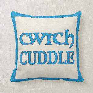 Welsh Cwtch Throw Pillow, Cushion, Polkas on Blue Cushion