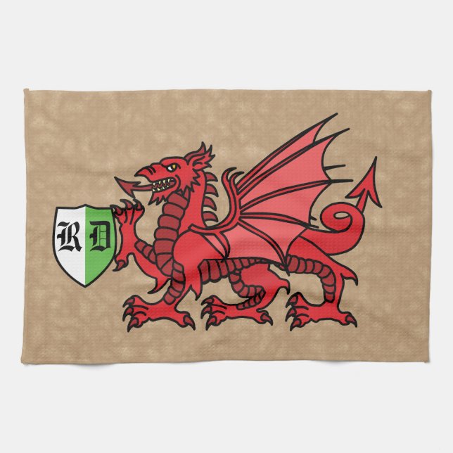 Welsh Dragon Custom Monogram Tea Towel (Horizontal)
