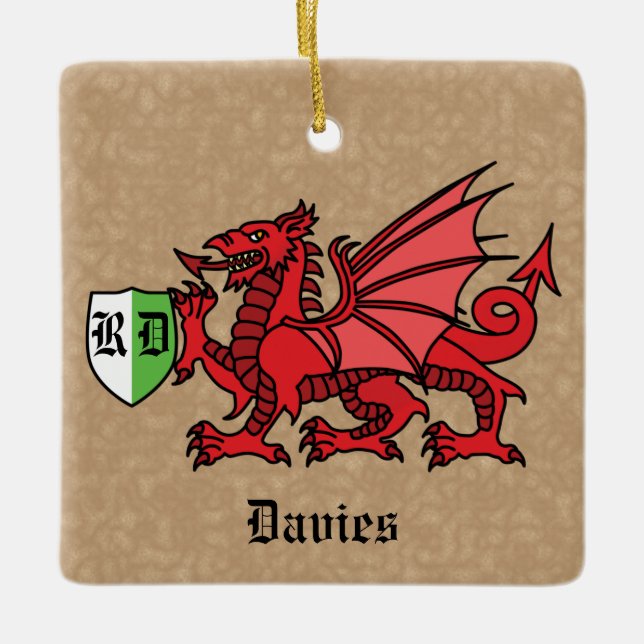 Welsh Dragon Custom Name and Monogram Ceramic Ornament (Front)