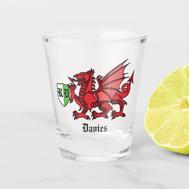 Welsh Dragon Custom Name and Monogram Shot Glass (Front)