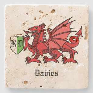 Welsh Dragon Custom Name and Monogram Stone Coaster