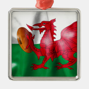 Welsh Dragon Rugby Ball Flag Metal Ornament