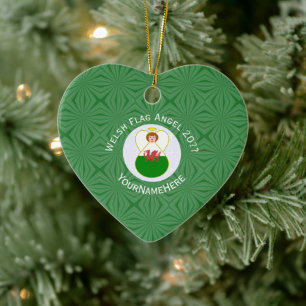 Welsh Flag Angel Christmas Green White Ceramic Ornament