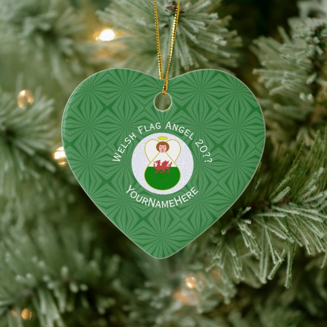 Welsh Flag Angel Christmas Green White Ceramic Ornament (Tree)