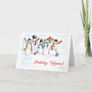 Welsh Language Greeting Christmas Snowmen Card