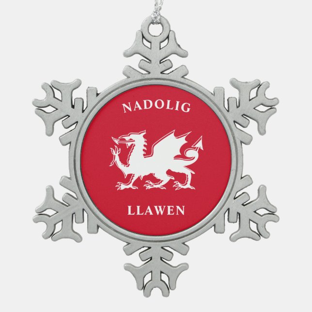 Welsh Merry Christmas Simple Celtic Nadolig Llawen Snowflake Pewter Christmas Ornament (Front)