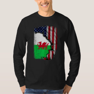 Welsh ROOTS Half American Flag Patrioitc Wales T-Shirt