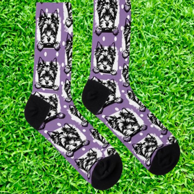 Welsh Terrier Puppy Purple Dots Theme Socks (Show your love for Welsh Terriers with these adorable purple dots theme socks.  )