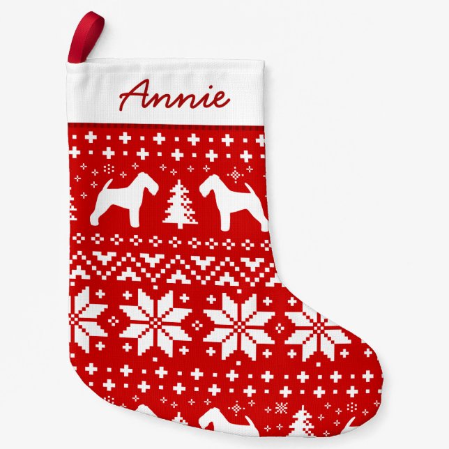 Welsh Terrier Silhouettes Nordic Pattern Dog Lover Small Christmas Stocking (Front)