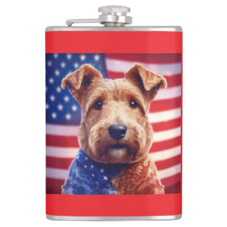 Welsh Terrier With American Flag And Bandanna Hip Flask