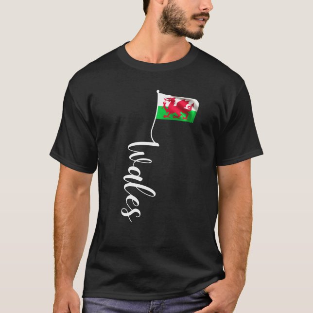 Welsh Wales Flag Signature Y Ddraig Goch Flag Pole T-Shirt (Front)