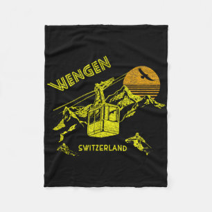 Wengen Switzerland Retro Skiing Tee  Fleece Blanket