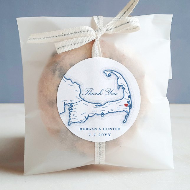 Wequassett Cape Cod Map Thank You Wedding Favour Classic Round Sticker (Wequassett Resort sticker label for a Harwich MA Cape Cod Wedding favor
)