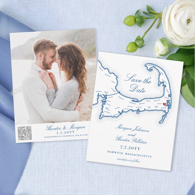 Wequassett Resort Cape Cod Wedding QR code Save The Date (Wequassett Resort Wedding Small Save the Date with QR Code and Photo in elegant navy blue)