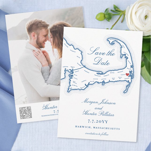 Wequassett Resort Cape Cod Wedding QR code Save The Date (Wequassett Resort Wedding Save the Date with QR Code and Photo in elegant navy blue)